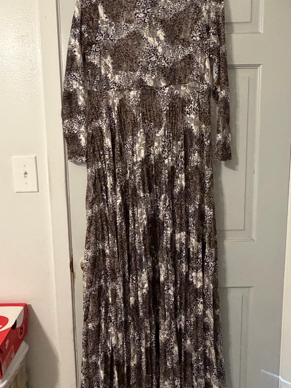 Long Sleeve sheer lace layering dress Maxi Dress in Brown and Cream Pattern